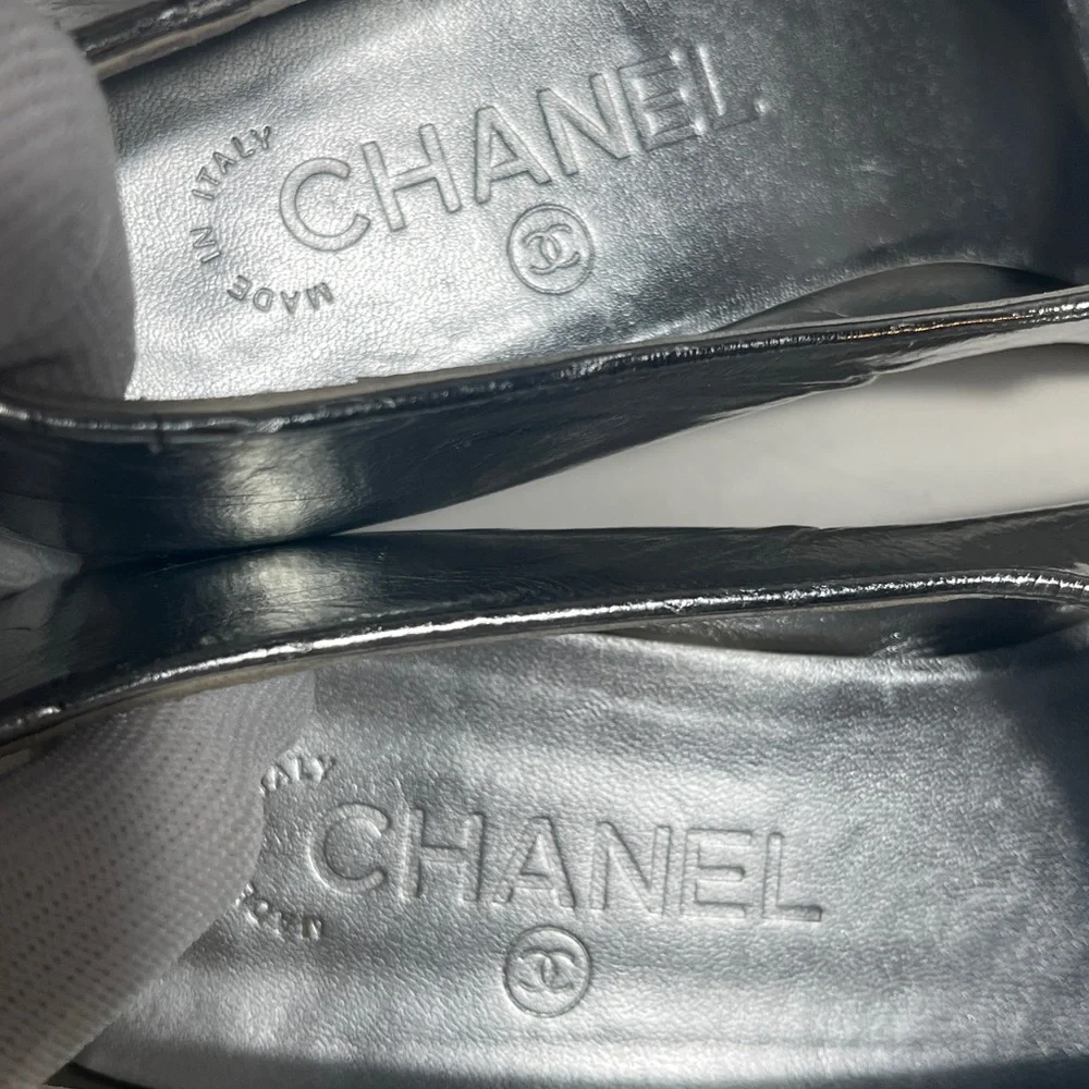 CHANEL Silver Mary Jane Flats with Strap